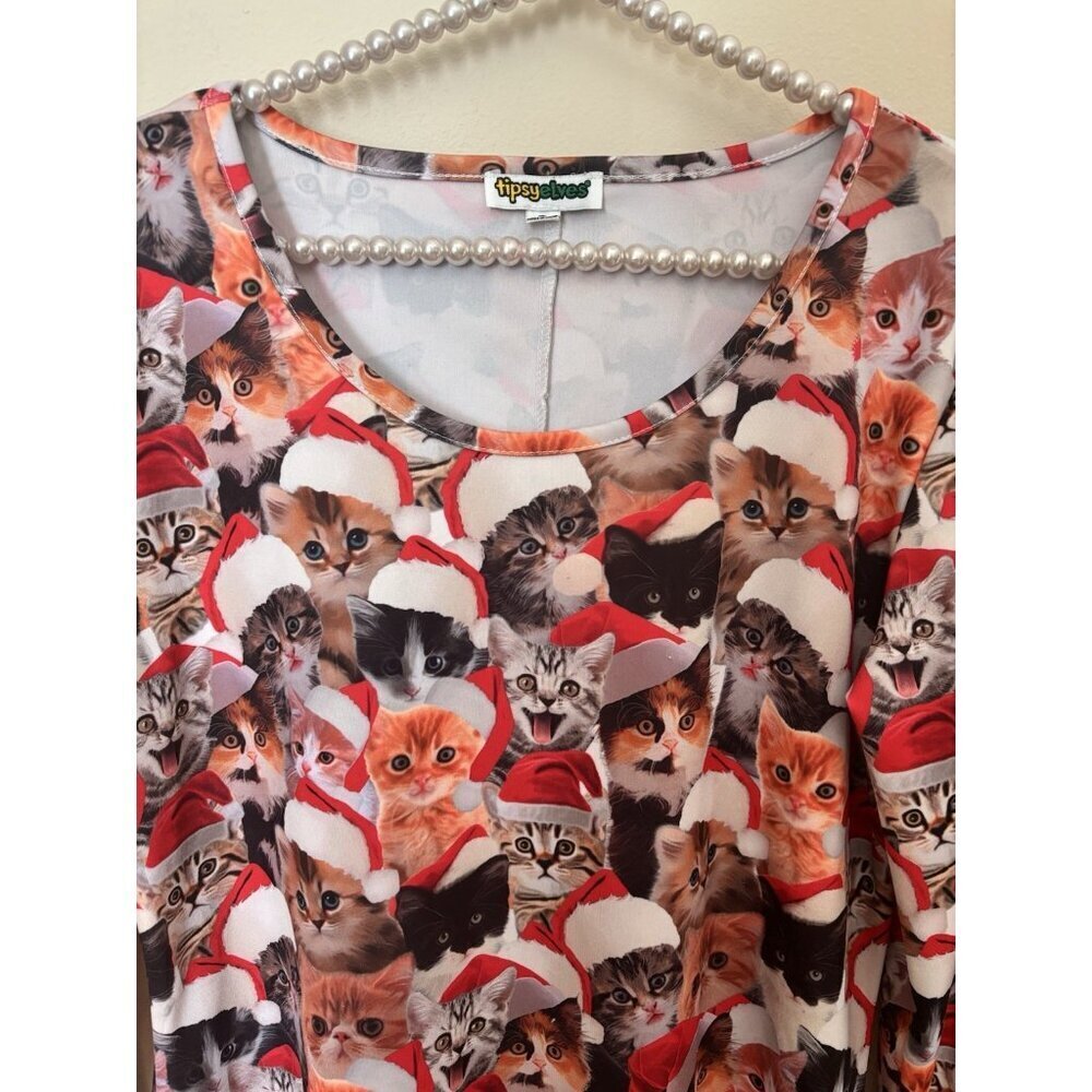 Tipsy Elves Womens Size L Meowy Catmus Long Sleeve Fit Flare Christmas Dress - Picture 2 of 5